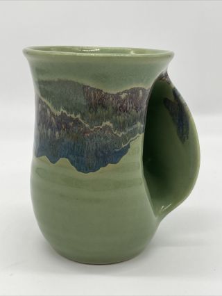 Neher Art Pottery Left Hand Warmer Mug Cup Green Blue 2014 Signed Handmade