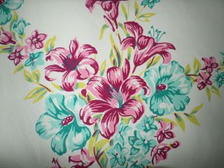 Vintage Gorgeous Tablecloth Pink Lilies Aqua Teal Blue Morning Glories Floral