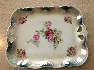 Vintage Silesia Germany 2 Handled Porcelain Tray Plate Roses Ruffled Edges 9.  5 "
