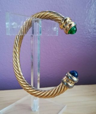 Vintage Twisted Gold Tone Blue And Green Cabochones Cable Cuff Fashion Bracelet