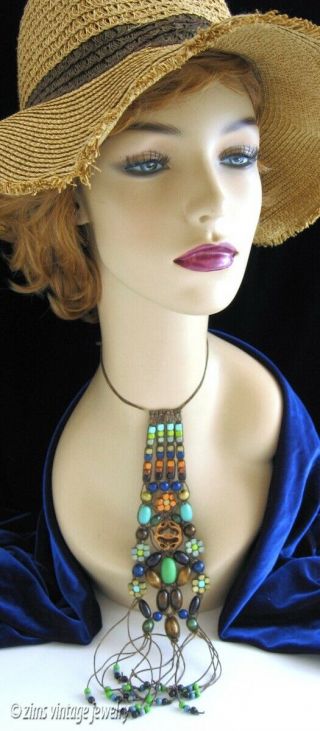 Vintage 1970’s Long Macrame Wood Floral Green Blue Bead Hippie Pendant Necklace
