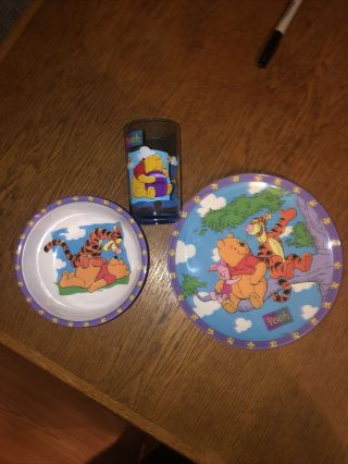Vintage Disney Zak Designs Winnie The Pooh Melamine Plate,  Bowl,  And Cup Set