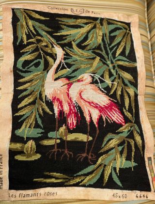 Vintage Completed Needlepoint Canvas - Seg De Paris 6646 - Pink Flamingos