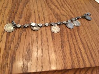 Vintage Estate Silver Toned Bracelet With 3 Pence Coin Charms 7 1/4”