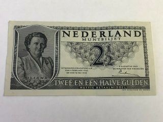 1949 Netherland 2 1/2 Gulden,  Vintage Dutch Guilder Banknote