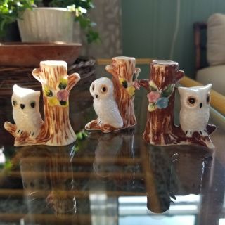 3 Vintage Owl Toothpick Holder Porcelain Miniature Tree Stump White Owls Set
