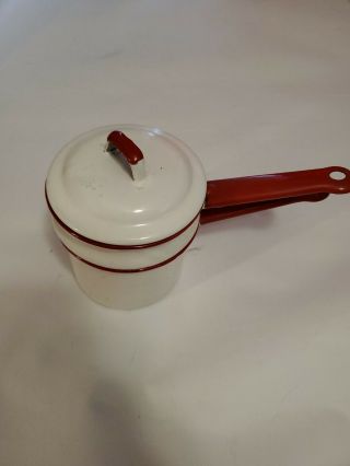 Small Vintage Red And White Enamelware Double Boiler Pot Pan 4 "