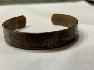 Vtg 80s Solid Copper Story Cuff Bangle Bracelet Embossed Animal Detail