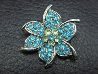 Vintage Brooch Pin Silver Tone Flower W/ Blue & Green Rhinestones