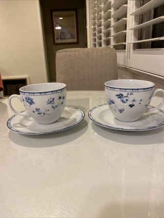 2 Set Of Laura Ashley Sophia White Blue Flowers Tea/ Coffee Cup & Saucer