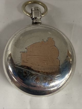 18s Illinois Gold Inlaid Train Sterling Silver Pocket Watch Case Open Face