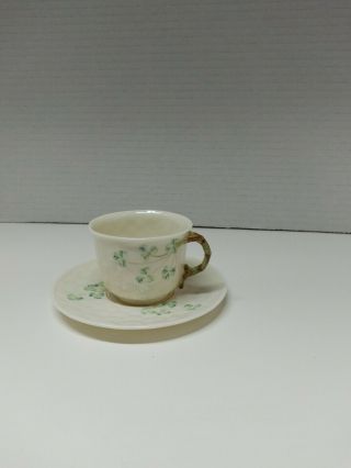 Belleek Vintage Irish Tea Cup And Saucer Shamrock Porcelain Embossed No Damage