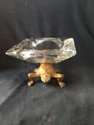 Vintage Mid Century Clear Glass Tabletop Ashtray On Brass Three Footed Stand