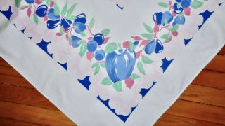 Vintage Blue Orchard Fruits & Pink Blossoms Tablecloth Pears Apples Textile