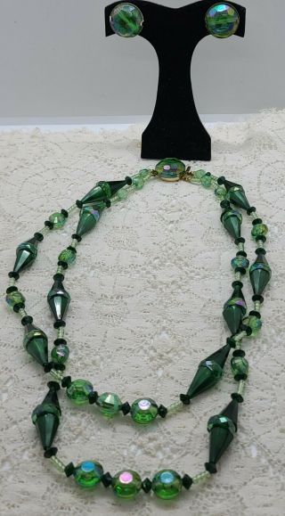 Vintage Austria Made Aurora Borealis 2 Strand Necklace Earrings Green Irradecent