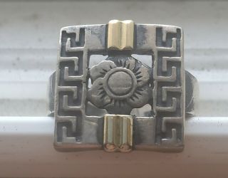 Vintage 925 Sterling Silver Ring With Gold Accent Greek Key Meander & Flower