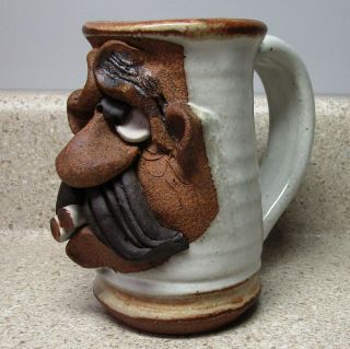 3d Stoneware Art Pottery Funny Face Signed Coffee Mug
