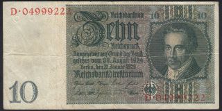 1929 10 Reichsmark Germany Vintage Nazi Money Banknote Third Reich Currency F