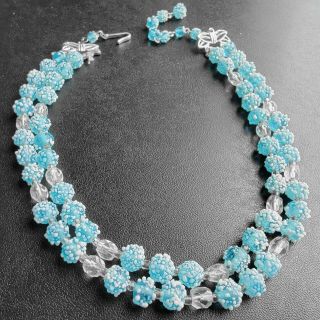 Signed Japan Vintage Double Strand Blue Glass Speckled Bead Crystal Necklace 801