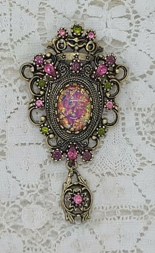 Vintage Sarah Coventry Contessa Brooch Pin Victorian Revival Pink Faux Fire Opal