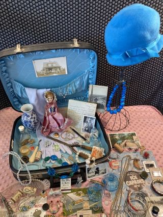Vintage Ladies Travel Junk Drawer,  Jewelry,  Hat,  Photos,  Buttons,  Knicknacks