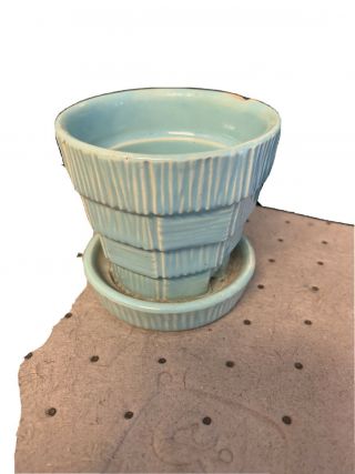 Vintage Mccoy Pottery Small Turquoise Basket Weave Planter & Attached Saucer