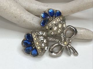 Vintage Blue Rhinestone Silver Tone Bow Flower Brooch Pin