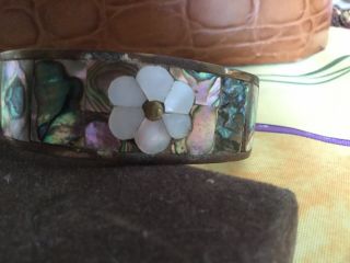 Vtg Sterling Silver Cuff Bracelet W/ Mother Of Pearl,  Made In Mexico,  Adjustable