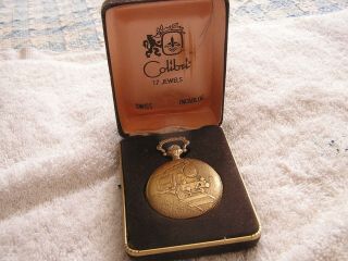 Vintage Colibri 17 Jewels Incabloc Pocket Watch With Train Railroad