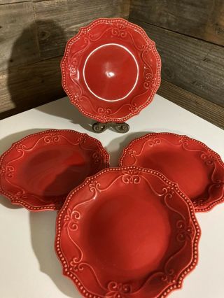 Set Of 4 Pioneer Woman Paige Red Bread Plates Beaded Scrolls Scalloped