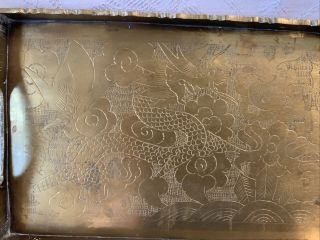 Vintage Etched Rectangle Brass Tray With handles 12 X 5” Dragons 2