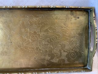 Vintage Etched Rectangle Brass Tray With handles 12 X 5” Dragons 3