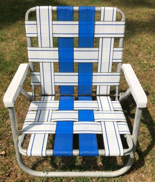 Vintage Sunbeam Folding Aluminum Low Profile Lawn Chair Blue & White Webbed