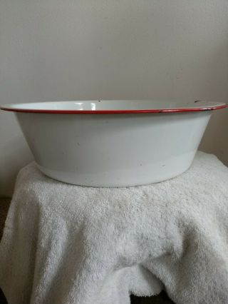 Vintage White Enamel Porcelain Wash Bowl Basin With Red Trim 15 In