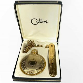 Colibri Swiss Gold Tone Quartz Pocket Watch W/ Chain & Pocket Knife Set W/ Case