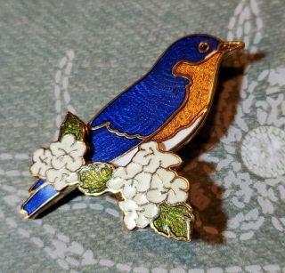 Stunning Vintage Cloisonne Enamel Blue Bird On Branch Flowers Brooch Pin