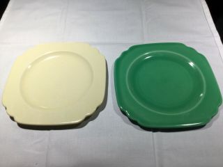 2 Vintage Homer Laughlin Century Riviera Square Salad Plates Green Cream 6.  25”