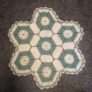 Vintage Hand Crocheted Afghan Hexagon 32 " White Aqua Cotton Table Sofa Throw