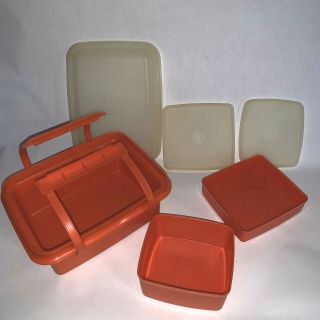 Vintage Tupperware Pak N Carry Lunch Box Orange 6 Piece Set