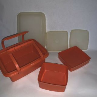 Vintage Tupperware Pak N Carry Lunch Box Orange 6 Piece Set 2