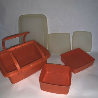Vintage Tupperware Pak N Carry Lunch Box Orange 6 Piece Set 3