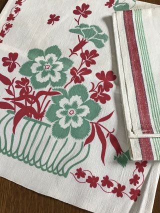 2 Vintage 40’s Red & Green / Floral Pots & Pans / Stripe - Kitchen / Tea Towels