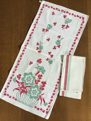 2 Vintage 40’s Red & Green / Floral Pots & Pans / Stripe - Kitchen / Tea Towels 2