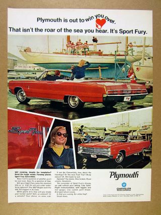 1967 Plymouth Sport Fury Convertible Red Car Yacht Photo Vintage Print Ad