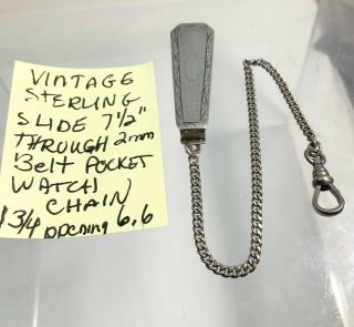 Vintage Sterling Silver Slide Through Pocket Watch Chain 7 1/2” 1 3/4” Opening