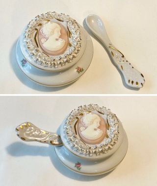 Capodimonte Crown N Victoria Italy Lace & Cameo Porcelain Sugar Bowl With Spoon