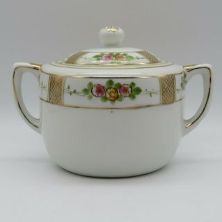 Vintage Nippon Porcelain Hand Painted Sugar Bowl Dish With Lid Floral & Gold