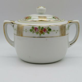 Vintage Nippon Porcelain Hand Painted Sugar Bowl Dish with Lid Floral & Gold 3