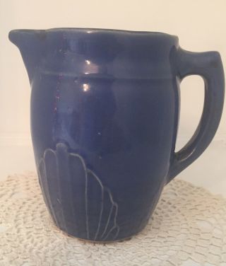 Vintage Monmouth Western Stoneware Milk Pitcher Blue Fan / Shell Art Deco Design