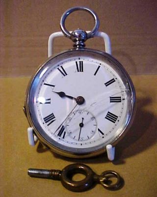 Open Face Antique Key Wind Pocket Watch.  935 Fine Silver = & With Key